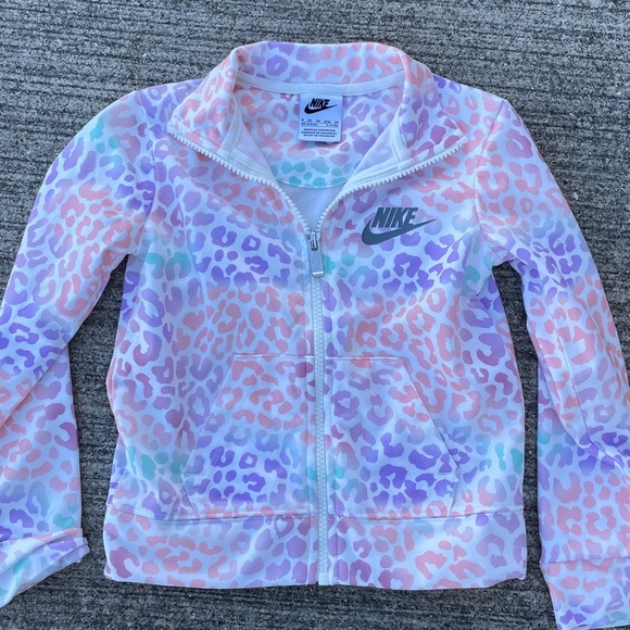 Nike Girls Pastel Leopard Animal Print Full zip up jacket hooded Size XS/4 Girly - Picture 2 of 4